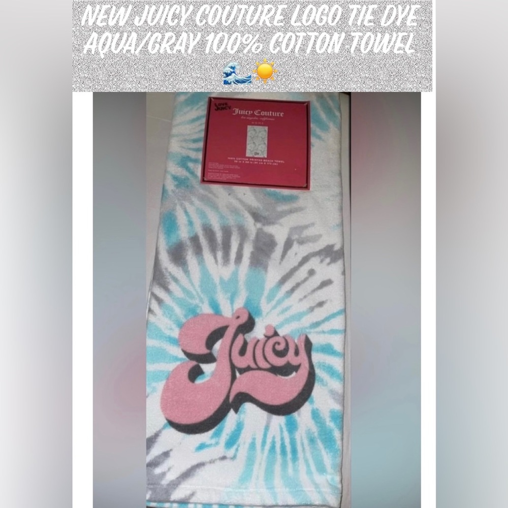 🎉HP🎉NEW Juicy Couture Logo Tie Dye Aqua/Gray 100% Cotton Towel 🌊☀️ - Picture 10 of 10